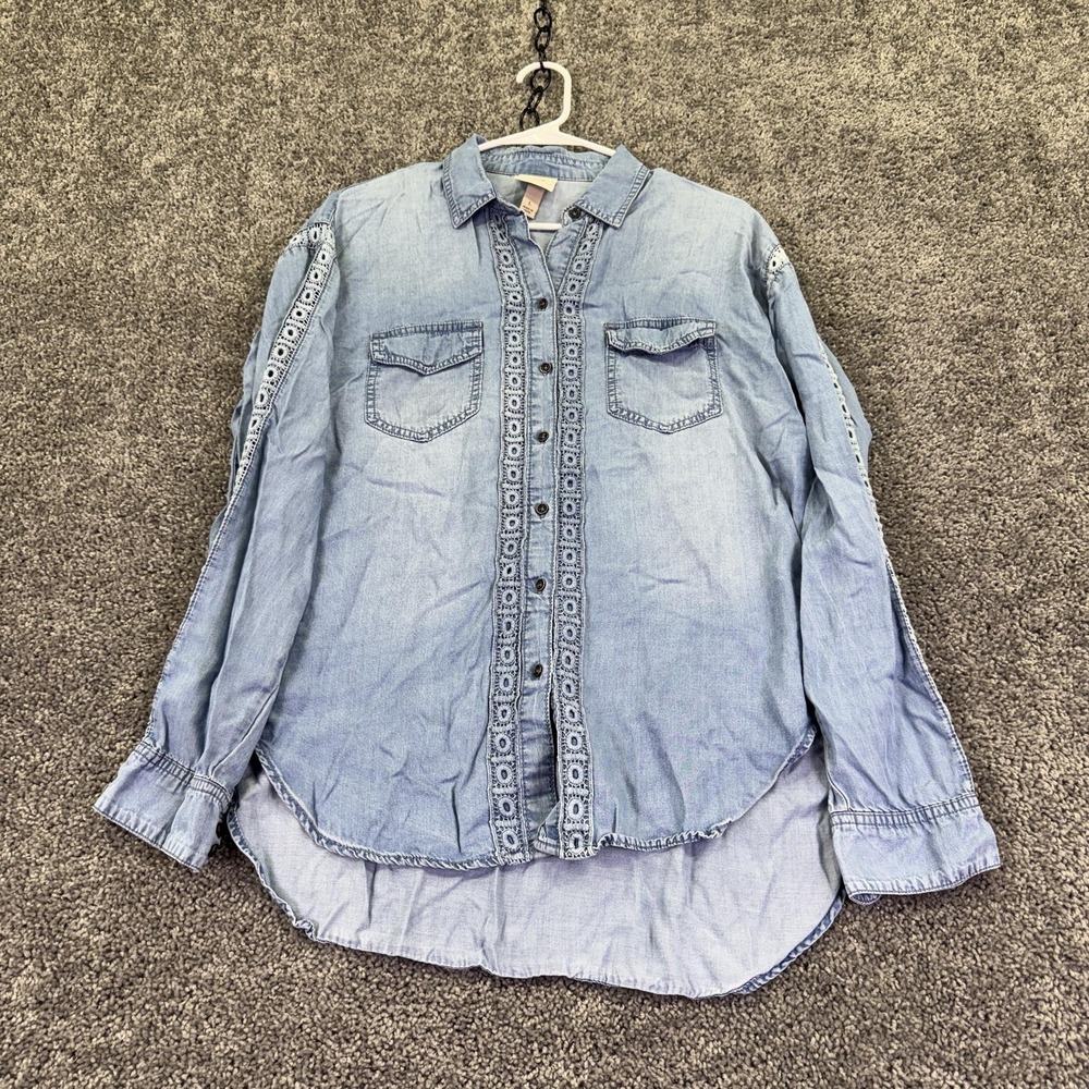 Knox Rose Shirt Womens L Blue Chambray Long Sleeve Crochet Button Tunic Casual